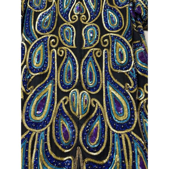 Vintage 80s Silk Beaded Sequin Dress Black Gold Blue Paisley Cocktail Party 2X - Picture 10 of 14